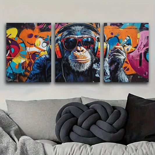 3pcs Vibrant Deco Monkey with Headphones Metal Print Ready to Hang Art