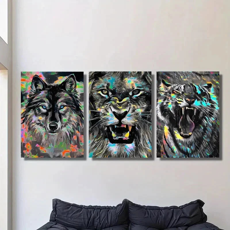 3pcs Vibrant wildlife art, angry animals Metal Print Ready to Hang Art