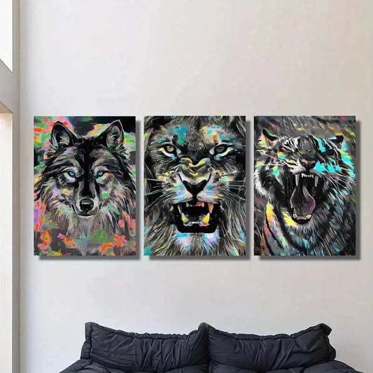 3pcs Vibrant wildlife art, angry animals Metal Print Ready to Hang Art