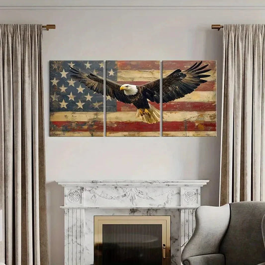 3pcs Vintage American Flag & Bald Eagle Metal Print Ready to Hang Art