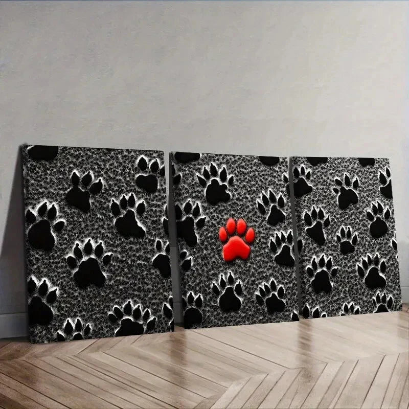 3pcs Black Dog Paw Prints Wall Art Set Canvas Framed 40x60cm - High Quality Print 100% Australian Made Wall Canvas Ready to Hang