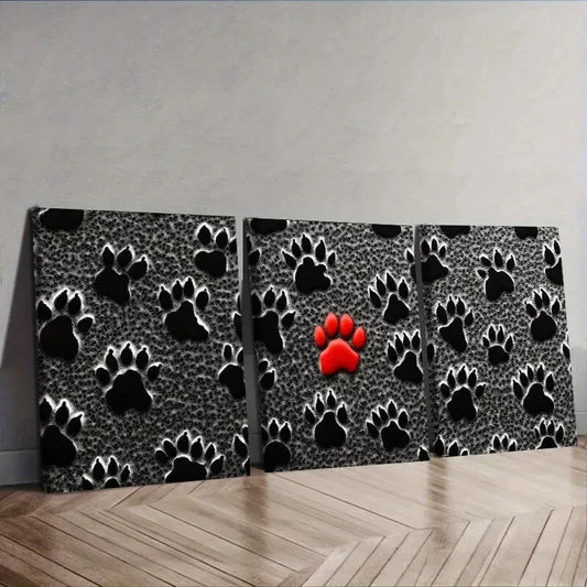 3pcs Black Dog Paw Prints Wall Art Set Canvas Framed 40x60cm - High Quality Print 100% Australian Made Wall Canvas Ready to Hang