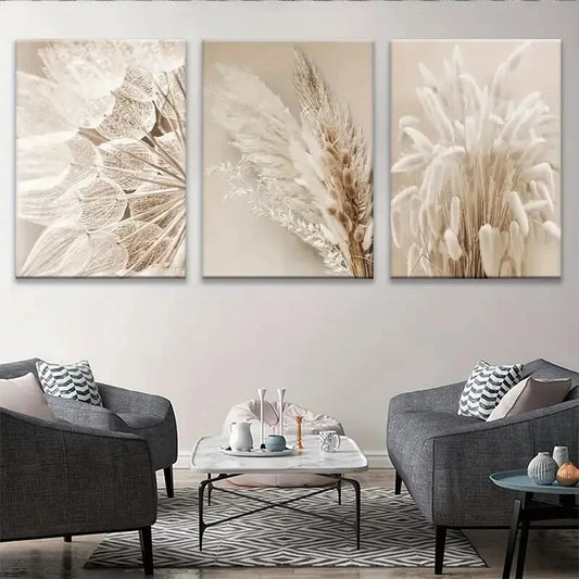 3pcs Bohemian Modern Beige Dogwood Reed Hay Plant Metal Print Ready to Hang Art