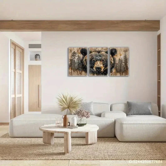 3pcs Grizzly Bear Wall Painting Animal Portrait Metal Print Ready to Hang Art