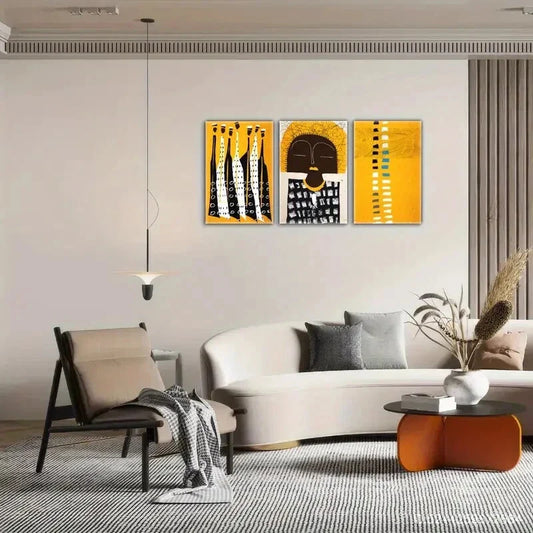 3pcs African Yellow and Black Decoration Poster Metal Print Ready to Hang Art