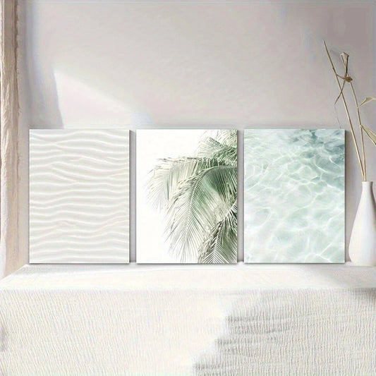 3pcs Coastal Beige Sage Green Palm Tree Metal Print Ready to Hang Art