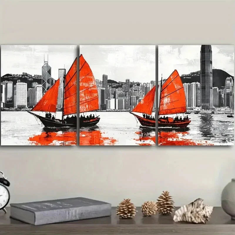 3pcs Hong Kong harbour Art Painting Metal Print Ready to Hang Art