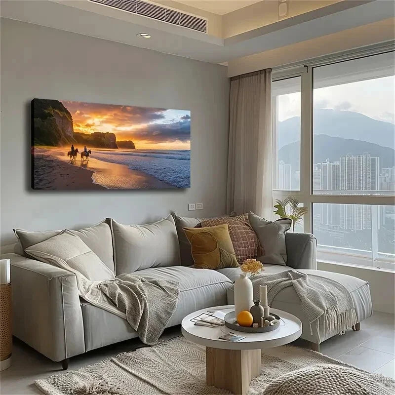 Serene Beach Scene Two Horse Wall Art Canvas Office Home Room Framed 120x60cm