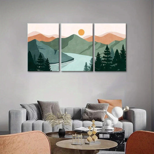 3pcs Boho Mountain Forest Abstract Lake Nature Metal Print Ready to Hang Art