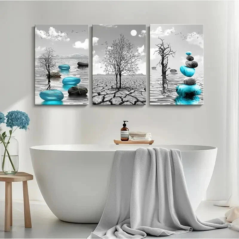 3pcs  Turquoise Blue Pictures Painting  Metal Print Ready to Hang Art