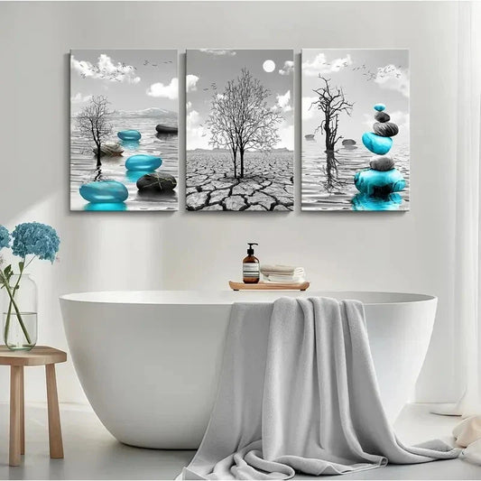 3pcs  Turquoise Blue Pictures Painting  Metal Print Ready to Hang Art