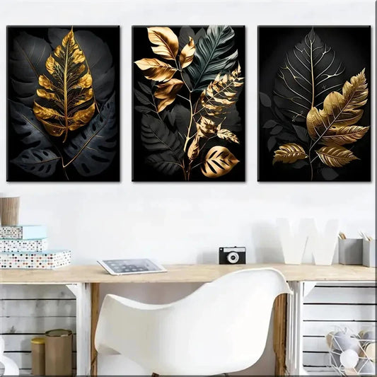 3pcs Dark Golden Luxury Leaf Pattern Metal Print Ready to Hang Art