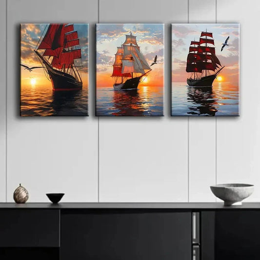 3pcs Sailboat at Sunset Decoration Sun Shine Wall Art Set Canvas Framed 40x60cm - High Quality Print 100% Australian Made Wall Canvas Ready to Hang