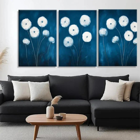 3pcs Elegant Blue and White Flower Perfect Wall Art Set Canvas Framed 40x60cm - High Quality Print 100% Australian Made Wall Canvas Ready to Hang