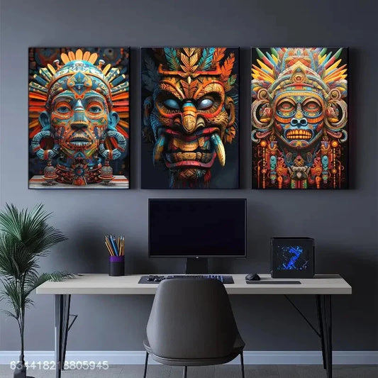 3pcs Indigenous Mask Huchiol, Indigenous Tribe Metal Print Ready to Hang Art