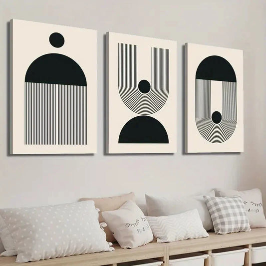 3pcs Black & Beige Abstract Geometric Wall Art Set Canvas Framed 40x60cm - High Quality Print 100% Australian Made Wall Canvas Ready to Hang