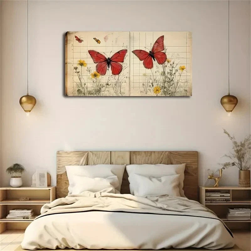 Two Vibrant Red Butterflies Wall Art Canvas Office Home Room Framed 120x60cm