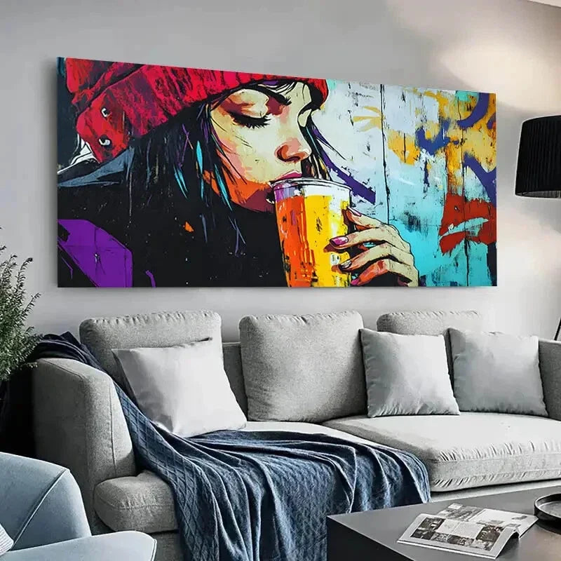 Abstract Lady with a Drink wall canvas office home room framed 120x60cm