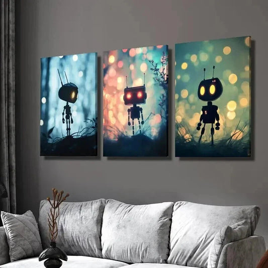 3pcs Fantasy Cute Robots in the Forest Wall Art Set Canvas Framed 40x60cm - High Quality Print 100% Australian Made Wall Canvas Ready to Hang