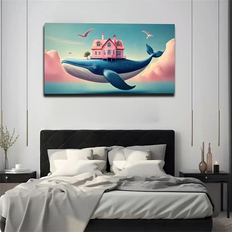 Pink House And A Big Blue Whale Wall Art Canvas Office Home Room Framed 80x45cm