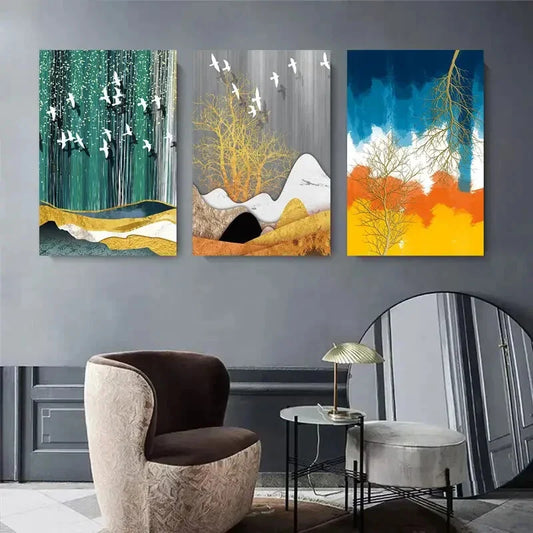 3pcs Abstract Landscape with Trees and Birds Metal Print Ready to Hang Art
