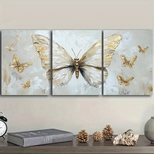3pcs Butterfly oil painting in gold leaf Metal Print Ready to Hang Art