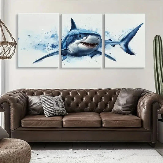 3pcs Shark Splashing Through Ocean Waves Perfect Wall Art Set Canvas Framed 40x60cm - High Quality Print 100% Australian Made Wall Canvas Ready to Hang