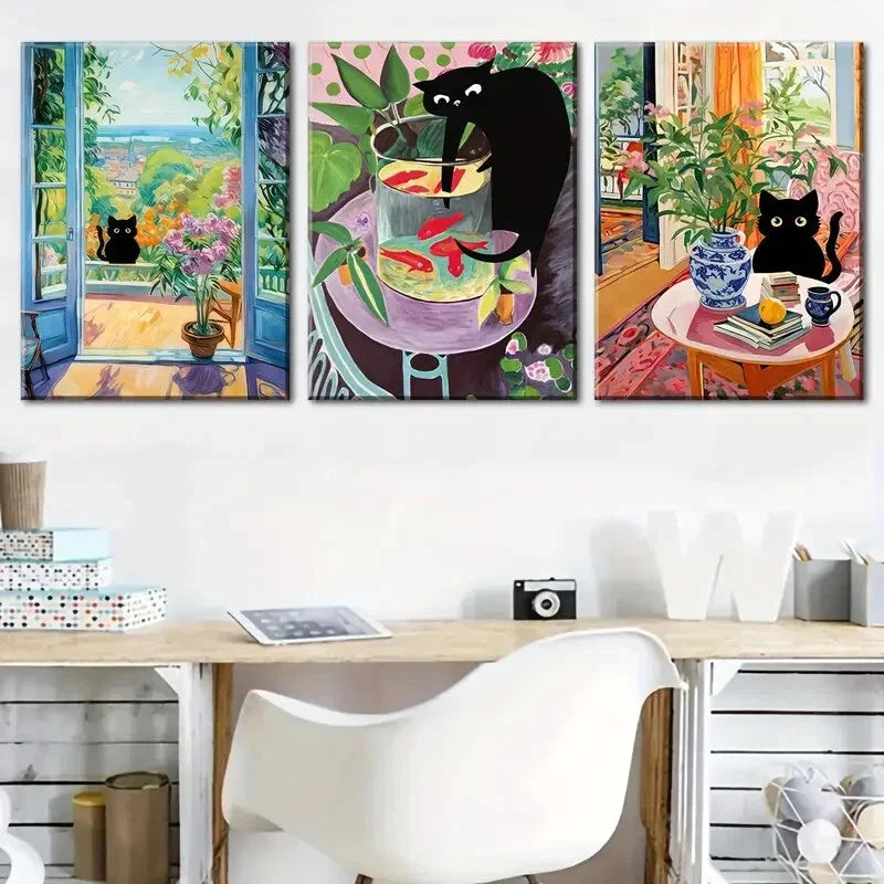 3pcs Vibrant Feline Scenes with Flowers  Metal Print Ready to Hang Art