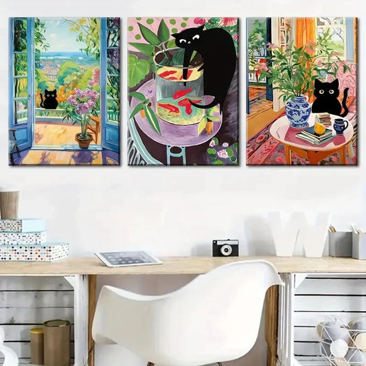 3pcs Vibrant Feline Scenes with Flowers  Metal Print Ready to Hang Art