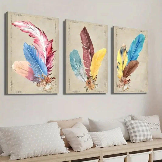 3pcs Abstract Colorful Vintage Feather Wall Art Set Canvas Framed 40x60cm - High Quality Print 100% Australian Made Wall Canvas Ready to Hang