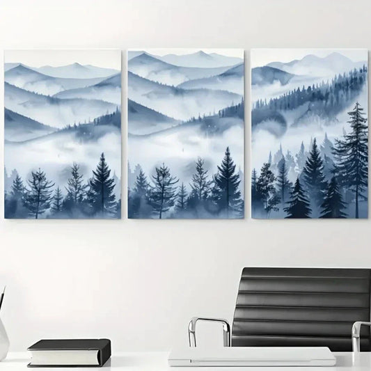 3pcs Hazy Mountain Modern Autumn Winter Theme Metal Print Ready to Hang Art