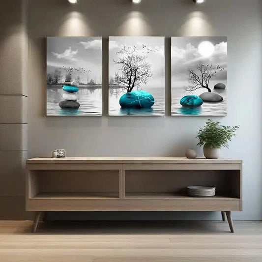 3pcs   Red Tree of Life Teal Beach and Stones,  Metal Print Ready to Hang Art