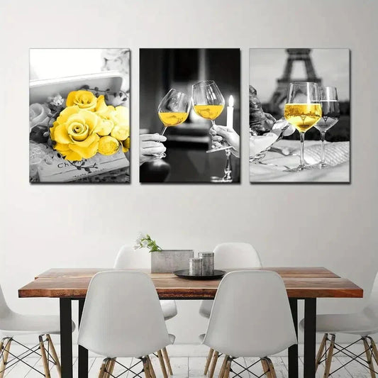 3pcs  Glass Yellow Rose Kitchen Paris Metal Print Ready to Hang Art