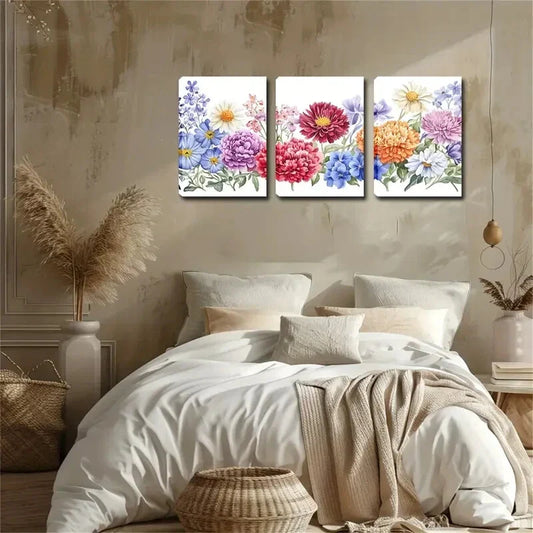 3pcs Colored Chrysanthemums White Perfect Wall Art Set Canvas Framed 40x60cm - High Quality Print 100% Australian Made Wall Canvas Ready to Hang