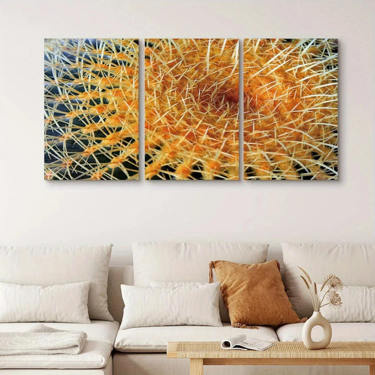 3pcs Golden Ball Cactus Floral Wilderness Metal Print Ready to Hang Art