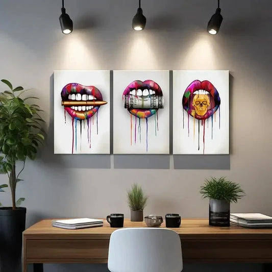 3pcs Abstract Lips with Bullet Money Dollars   Metal Print Ready to Hang Art