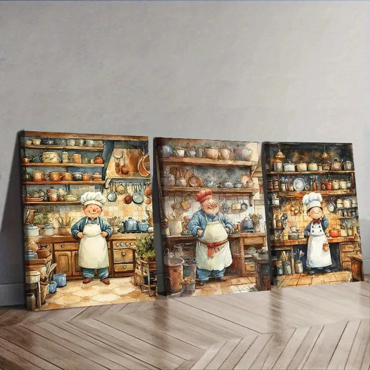 3pcs The whimsical chef  Wall Art Set Canvas Framed 40x60cm - High Quality Print 100% Australian Made Wall Canvas Ready to Hang