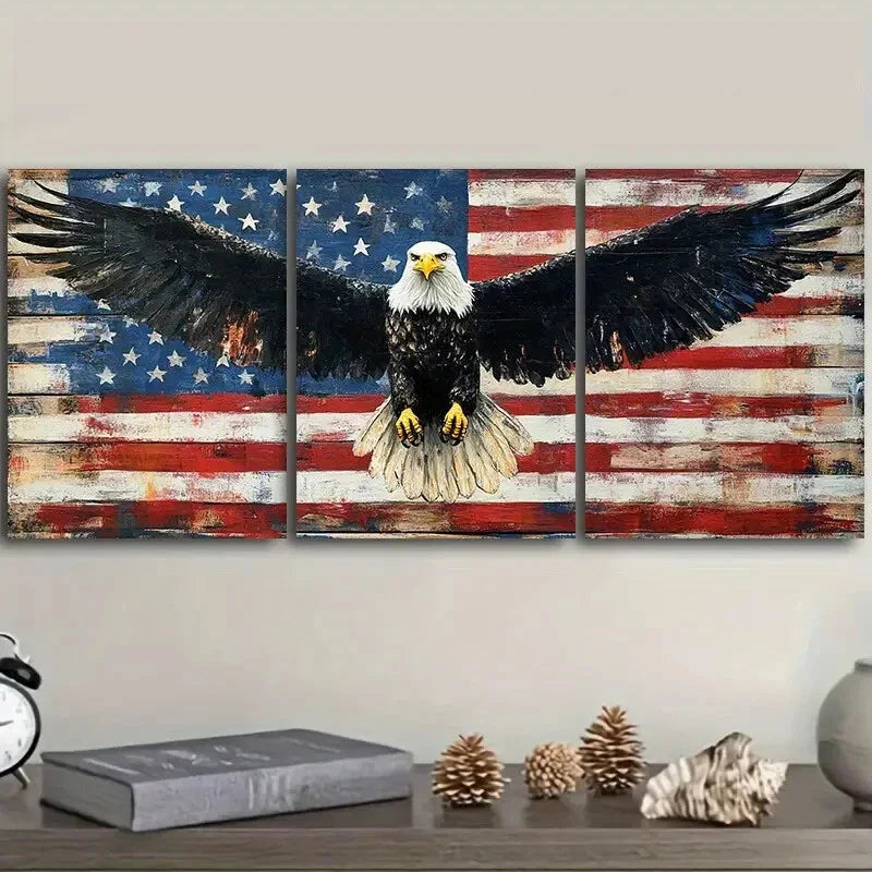 3pcs Majestic Eagle & American Flag Design Wall Art Set Canvas Framed 40x60cm - High Quality Print 100% Australian Made Wall Canvas Ready to Hang