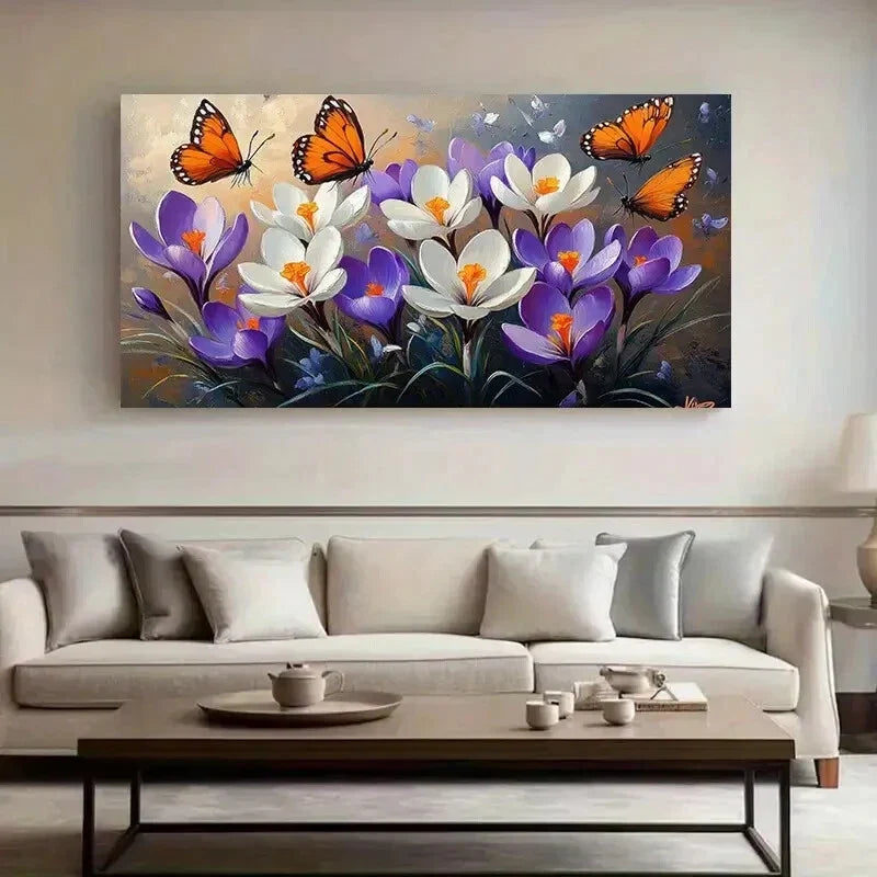 Purple Flowers Butterflies wall canvas office home room framed 120x60cm