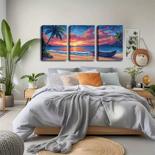 3pcs Vibrant Beach Scene with Palm Trees, Wall Art Set Canvas Framed 40x60cm - High Quality Print 100% Australian Made Wall Canvas Ready to Hang