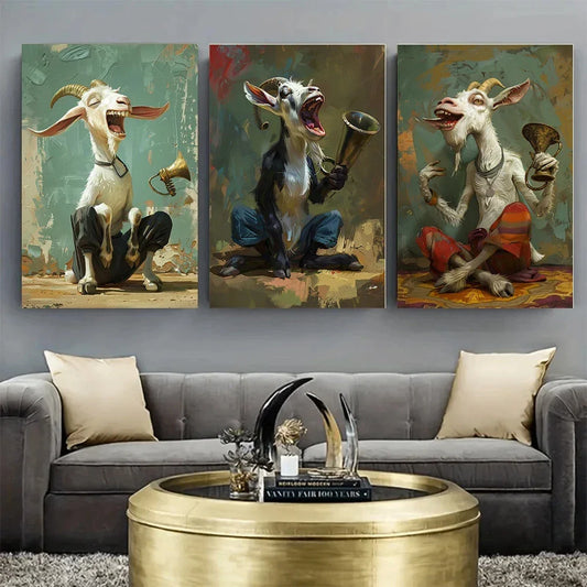3pcs Whimsical Animal Painting Goat Metal Print Ready to Hang Art
