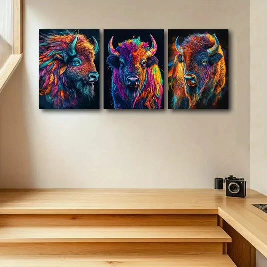 3pcs Colorful Bison Head Design Metal Print Ready to Hang Art