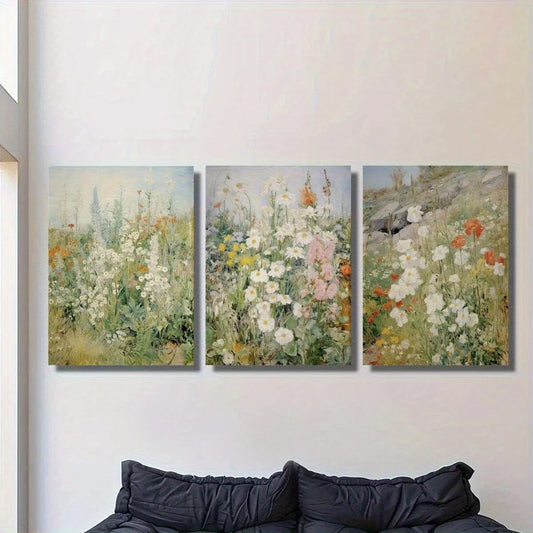 3pcs Vintage Spring Wildflower Field Cheerful Metal Print Ready to Hang Art