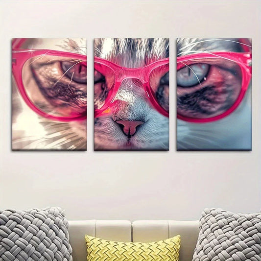 3pcs Animal Cat Wearing Pink Glasses Style Metal Print Ready to Hang Art