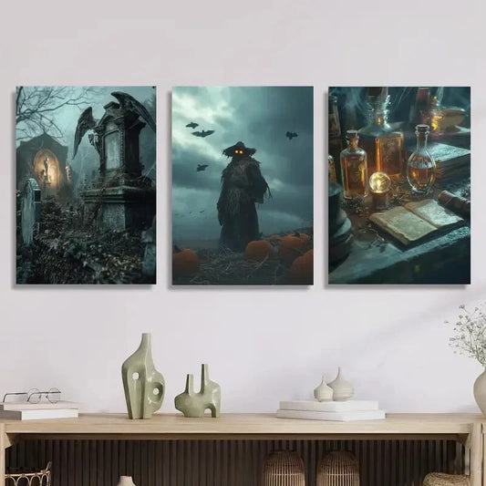 3pcs The angel cemetery, the weird scarecrow  Metal Print Ready to Hang Art