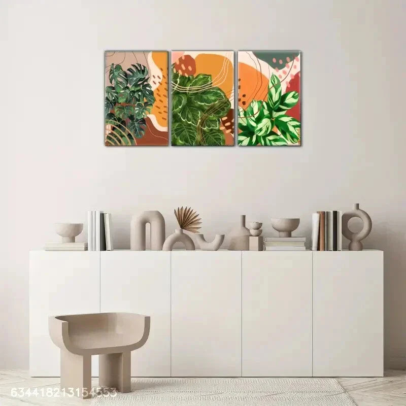 3pcs Macrophylla Leaves and Abstract Geometric Metal Print Ready to Hang Art
