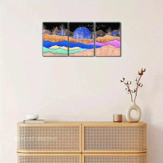 3pcs Blue Moon & Silhouetted Trees, Metal Print Ready to Hang Art