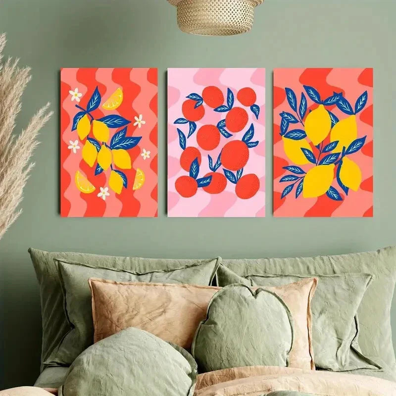 3pcs Modern Food-Themed Colorful Lemons & Oranges Metal Print Ready to Hang Art