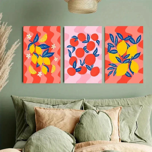 3pcs Modern Food-Themed Colorful Lemons & Oranges Metal Print Ready to Hang Art