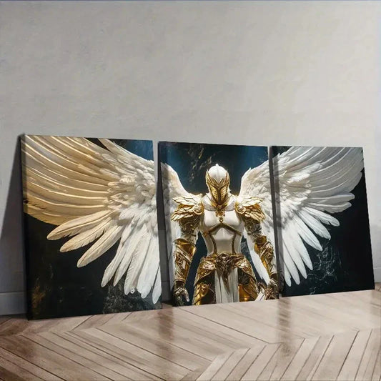 3pcs  Angel in White and Golden Armor Wall Art Set Canvas Framed 40x60cm - High Quality Print 100% Australian Made Wall Canvas Ready to Hang